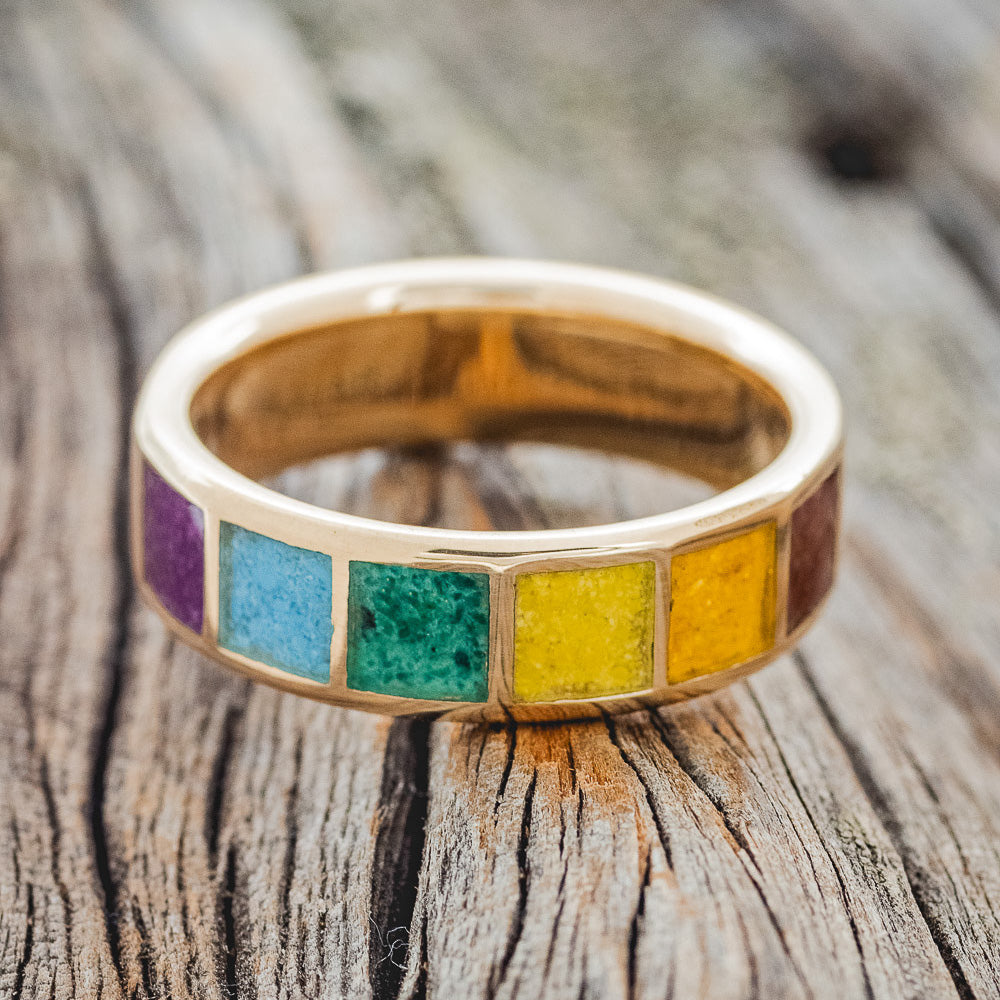 PRIDE WEDDING BAND WITH SUGILITE, TURQUOISE, MALACHITE, ORPIMENT & JASPER INLAYS-4