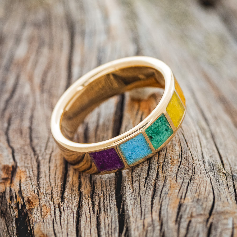 PRIDE WEDDING BAND WITH SUGILITE, TURQUOISE, MALACHITE, ORPIMENT & JASPER INLAYS-3