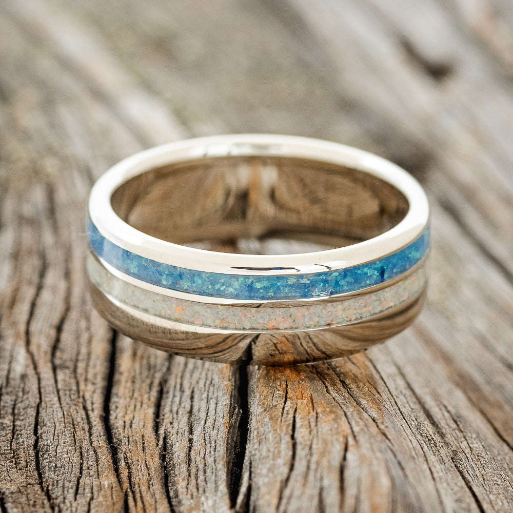 "COSMO" - BLUE OPAL & FIRE AND ICE OPAL WEDDING BAND FEATURING A 14K GOLD BAND-3