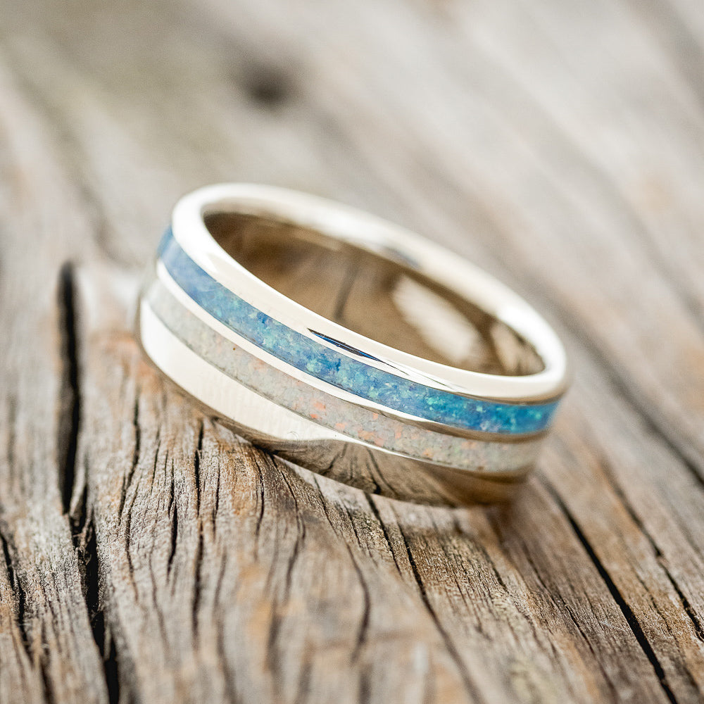 "COSMO" - BLUE OPAL & FIRE AND ICE OPAL WEDDING BAND FEATURING A 14K GOLD BAND-2