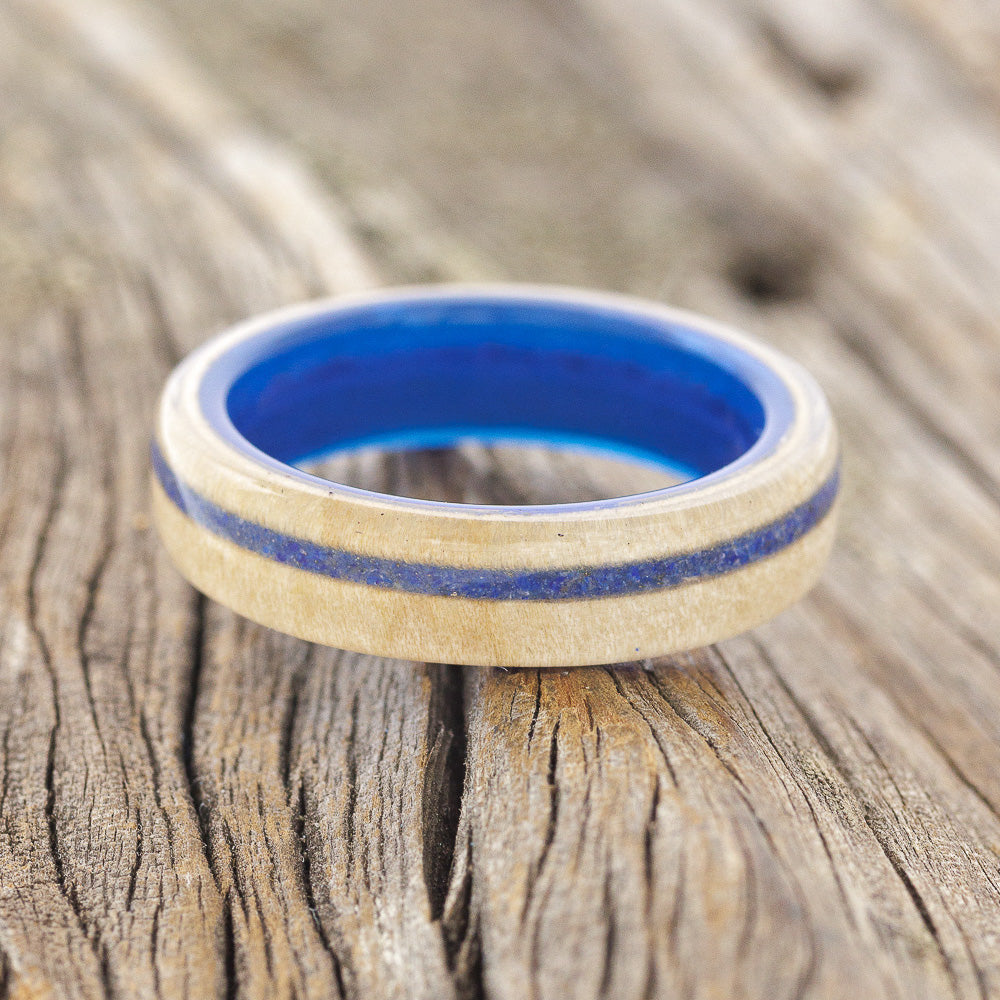 "REMMY" - MAPLE WOOD & LAPIS LAZULI WEDDING RING FEATURING A BLUE ACRYLIC BAND-3