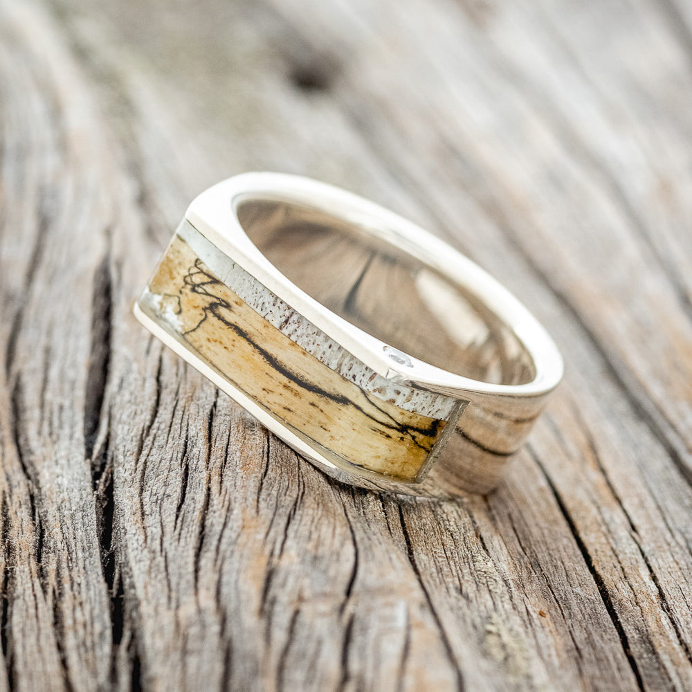 "MESA" - SPALTED MAPLE, ELK ANTLER & OFFSET DIAMONDS 14K GOLD WEDDING BAND-2