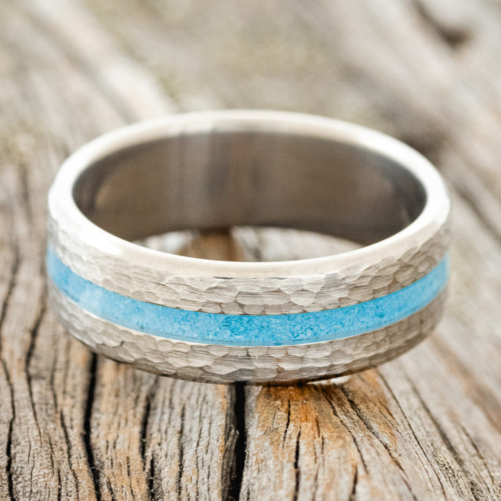 "NIRVANA" - CENTERED TURQUOISE INLAY WEDDING BAND WITH HAMMERED FINISH-3