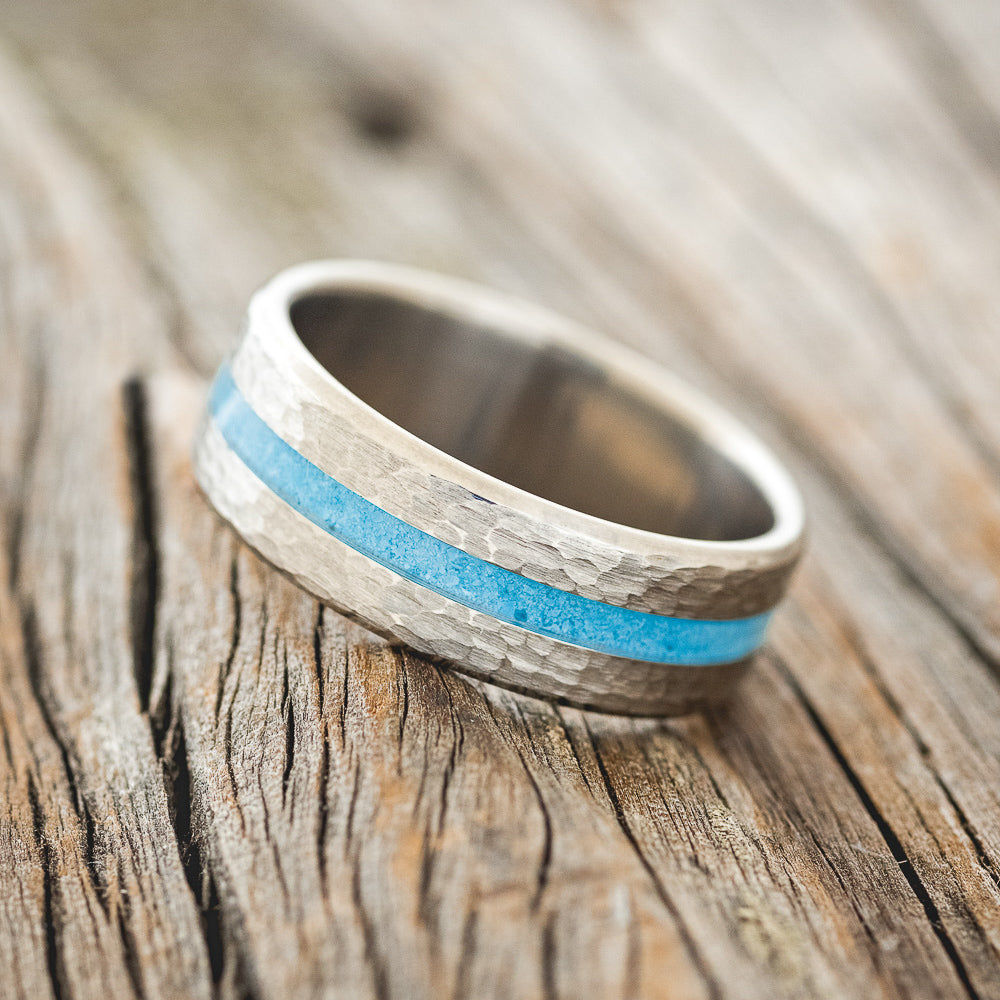 "NIRVANA" - CENTERED TURQUOISE INLAY WEDDING BAND WITH HAMMERED FINISH-2