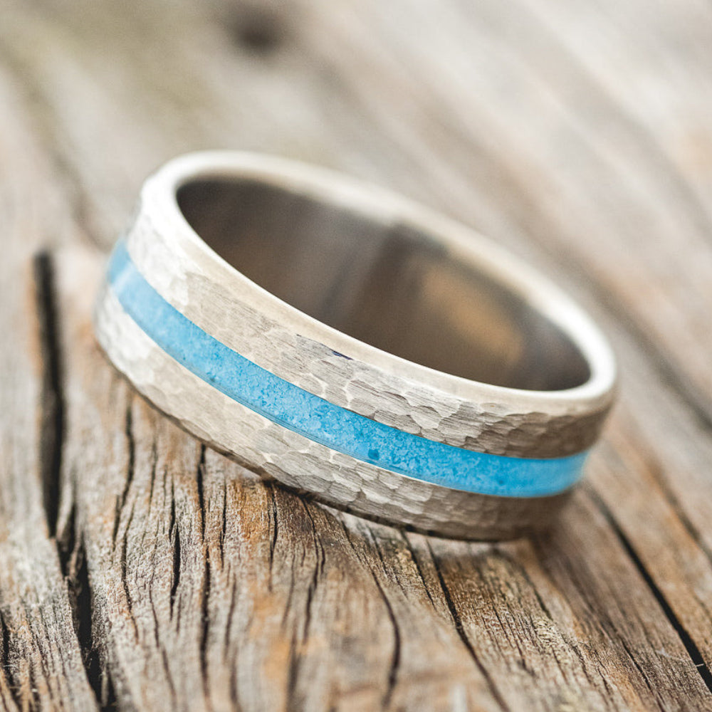 "NIRVANA" - CENTERED TURQUOISE INLAY WEDDING BAND WITH HAMMERED FINISH-2