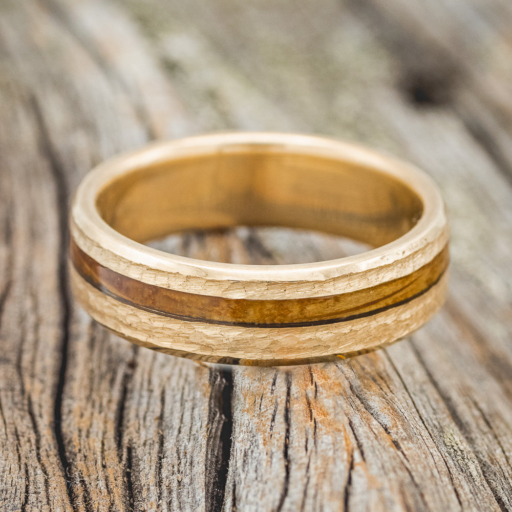 "VERTIGO" - WHISKEY BARREL OAK WEDDING RING FEATURING A HAMMERED 14K GOLD BAND-3