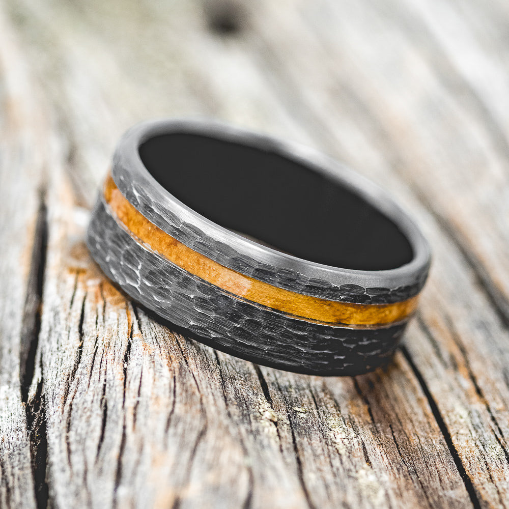 "VERTIGO" - WHISKEY BARREL OAK WEDDING BAND WITH HAMMERED FINISH-8