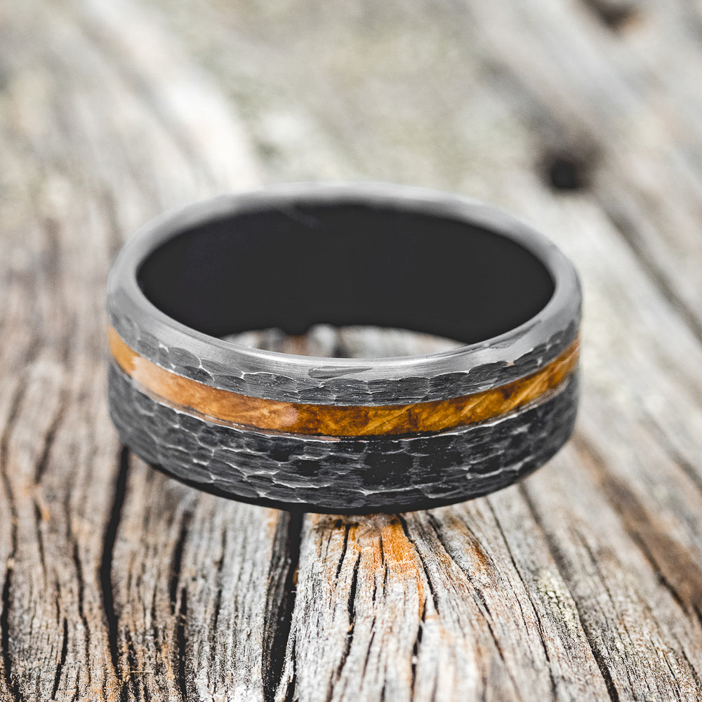 "VERTIGO" - WHISKEY BARREL OAK WEDDING BAND WITH HAMMERED FINISH-10