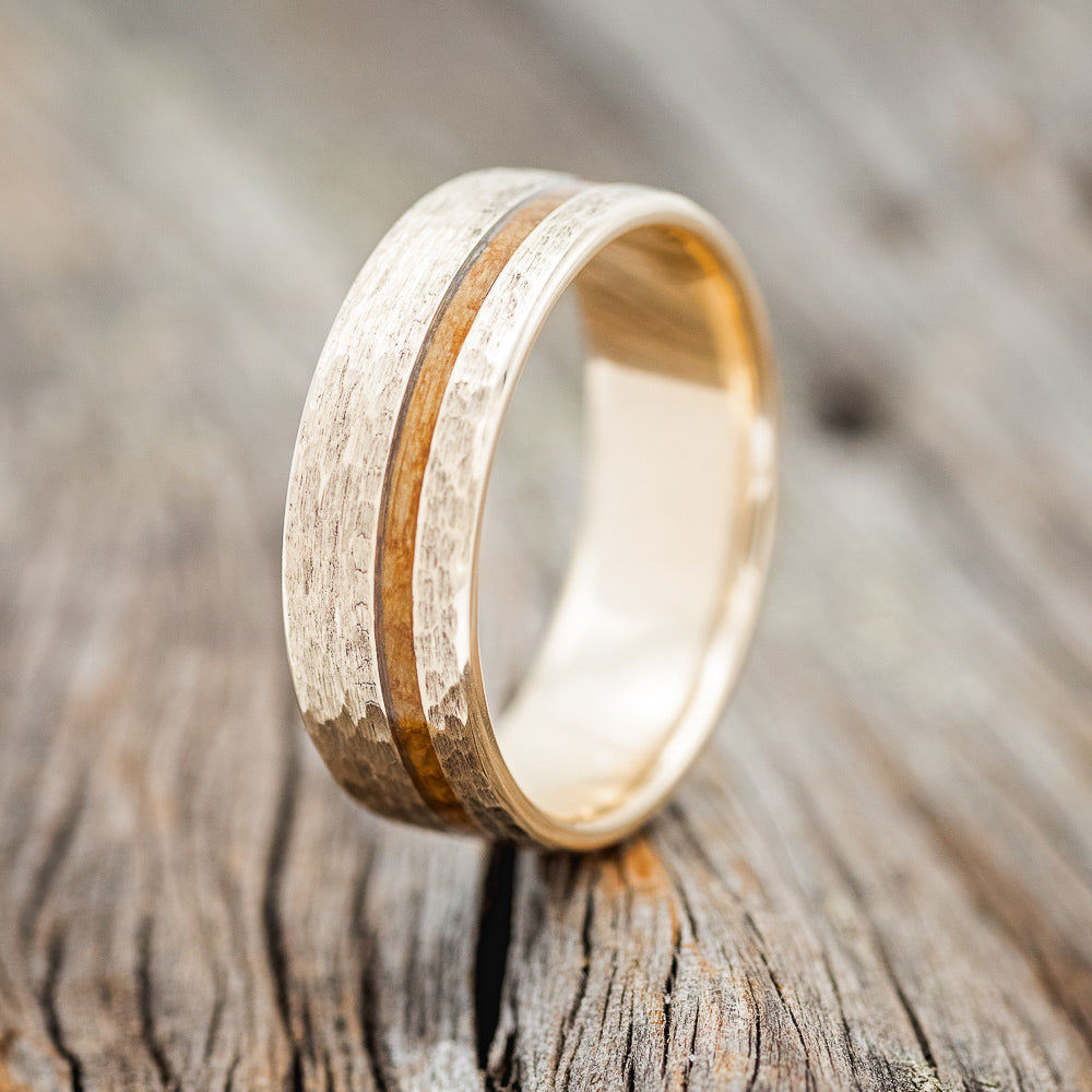 "VERTIGO" - WHISKEY BARREL OAK WEDDING BAND WITH HAMMERED FINISH-11