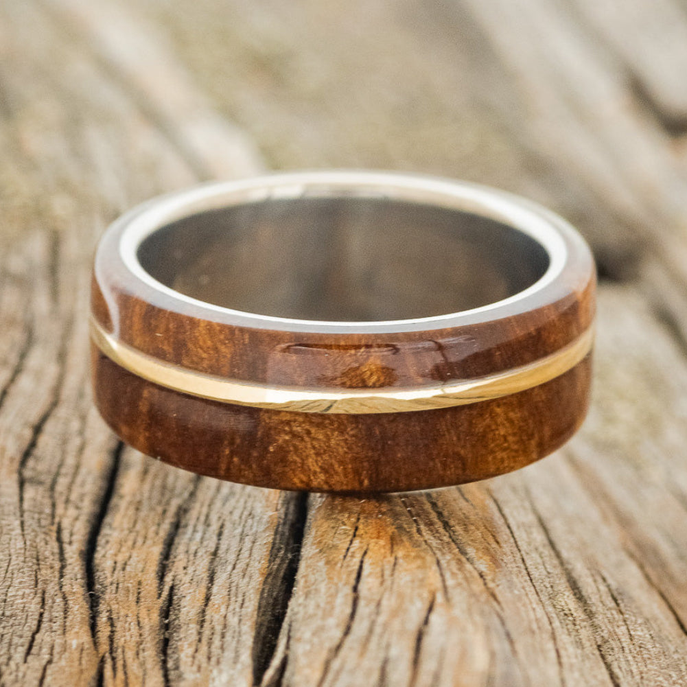 "GOLDEN" - REDWOOD & 14K GOLD INLAY WEDDING BAND-3