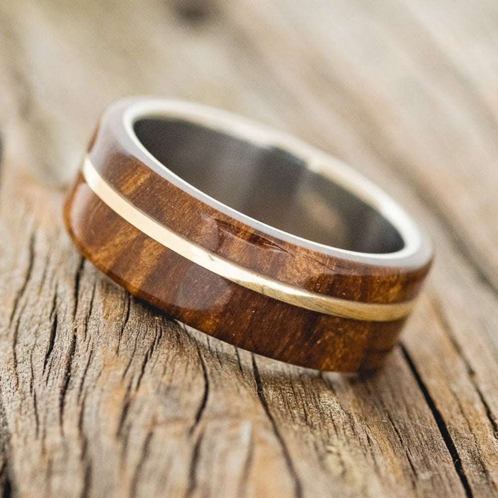 "GOLDEN" - REDWOOD & 14K GOLD INLAY WEDDING BAND-2