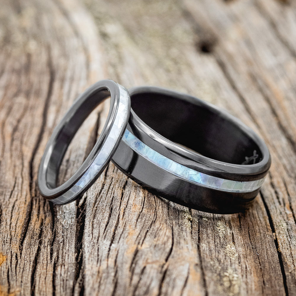 "VERTIGO" - MATCHING SET OF MOTHER OF PEARL WEDDING BANDS-7