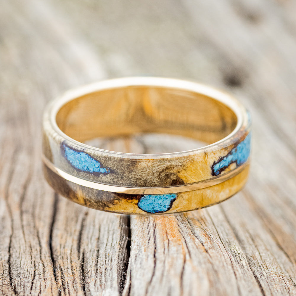 "GOLDEN" - BUCKEYE BURL WOOD & TURQUOISE INLAYS WEDDING BAND-6