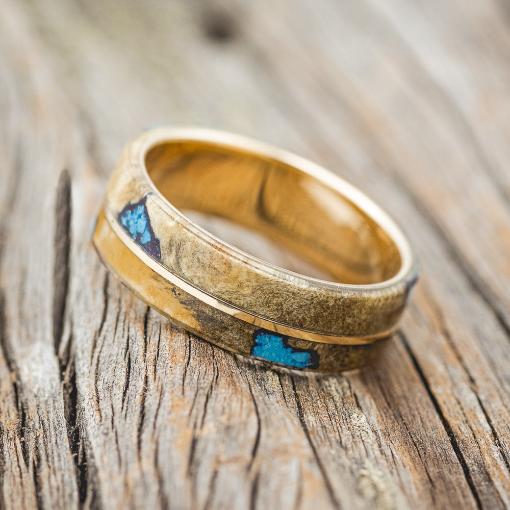 "GOLDEN" - BUCKEYE BURL WOOD & TURQUOISE INLAYS WEDDING BAND-5