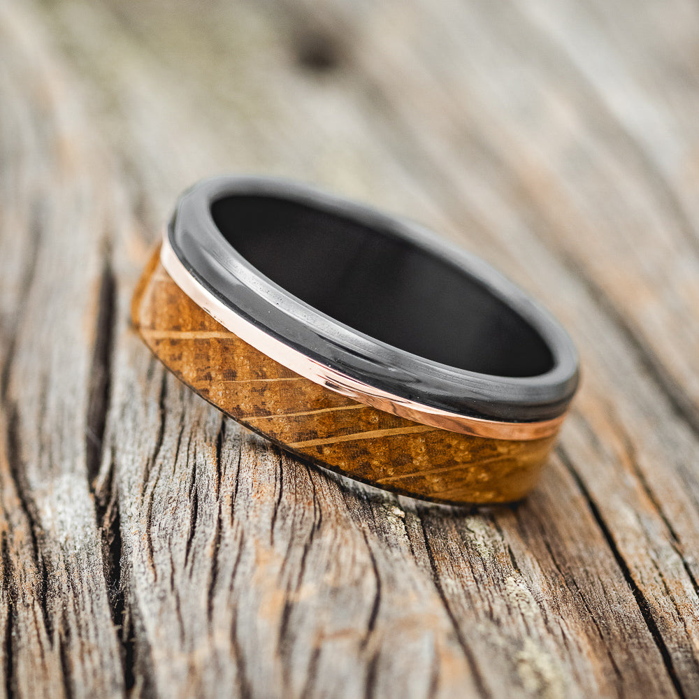 "EZRA" - WHISKEY BARREL OAK & 14K GOLD INLAY WEDDING BAND-2