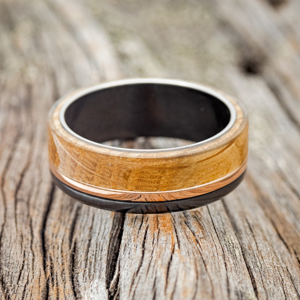 "EZRA" - WHISKEY BARREL OAK & 14K GOLD INLAY WEDDING BAND-4