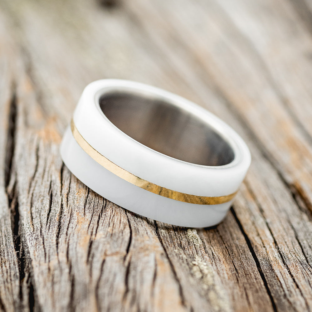 WHITE ACRYLIC & 14K GOLD INLAY WEDDING RING-2