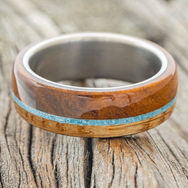 "ARGOS" - IRONWOOD, TURQUOISE & WHISKEY BARREL OAK WEDDING RING - READY TO SHIP-3