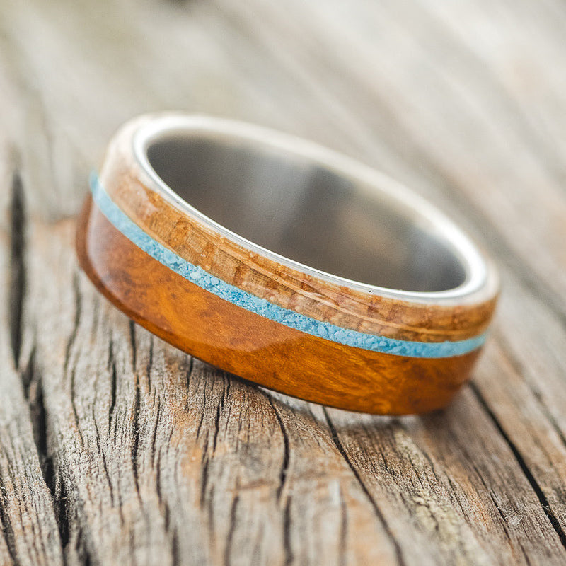 "ARGOS" - IRONWOOD, TURQUOISE & WHISKEY BARREL OAK WEDDING RING - READY TO SHIP-2