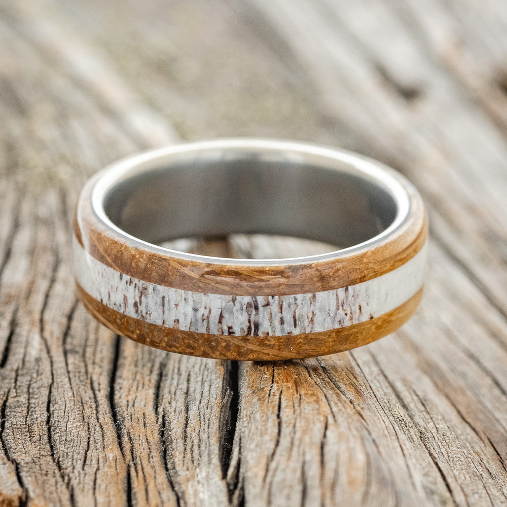 "CANYON" - WHISKEY BARREL OAK & ANTLER WEDDING BAND-6