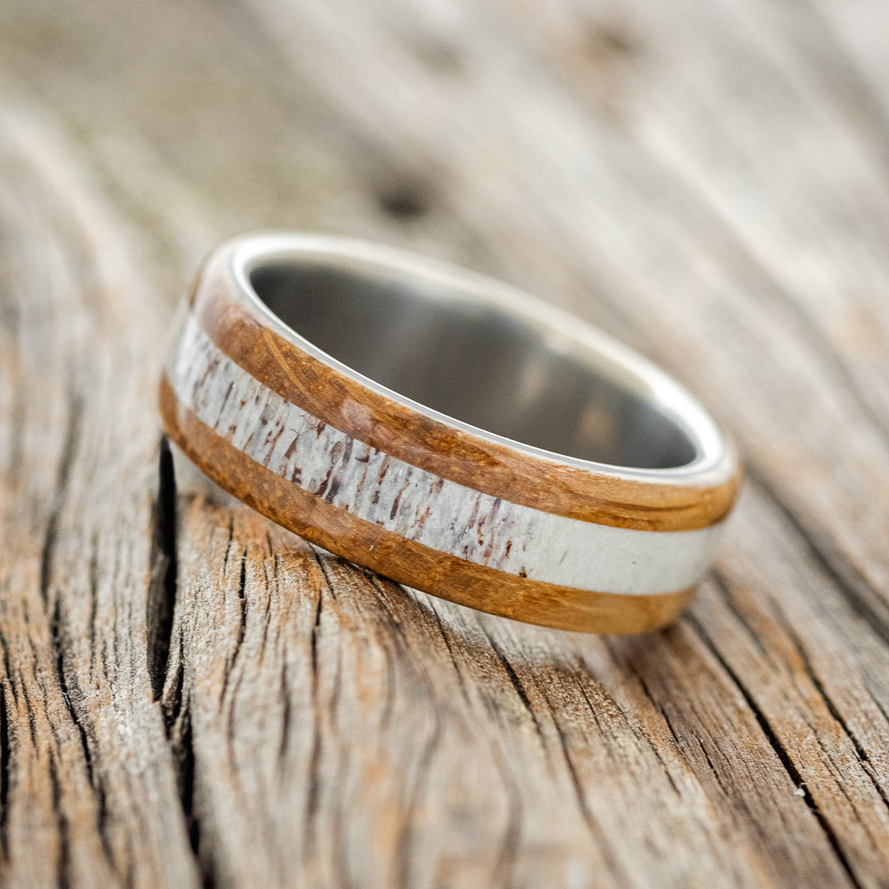 "CANYON" - WHISKEY BARREL OAK & ANTLER WEDDING BAND-5