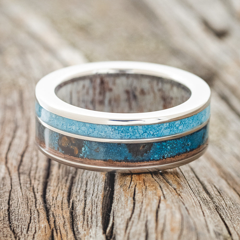 "RAPTOR" - PATINA COPPER & TURQUOISE WEDDING RING FEATURING AN ANTLER LINED BAND-5