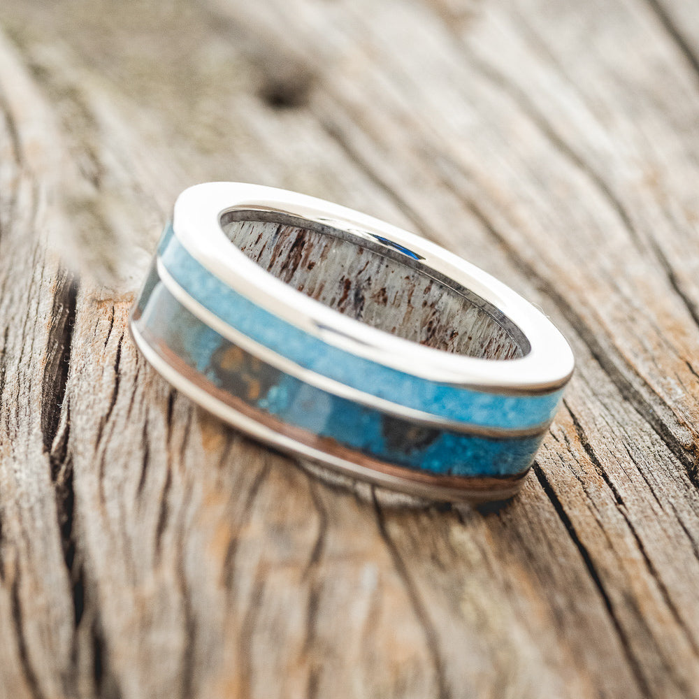 "RAPTOR" - PATINA COPPER & TURQUOISE WEDDING RING FEATURING AN ANTLER LINED BAND-4