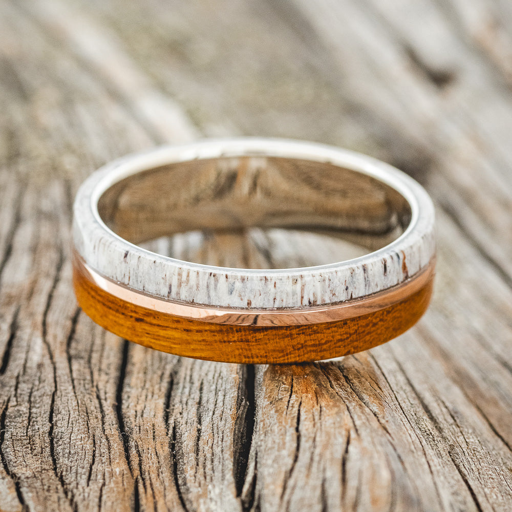 "GOLDEN" - IRONWOOD, ANTLER & 14K GOLD INLAY WEDDING RING FEATURING A 14K GOLD BAND-3