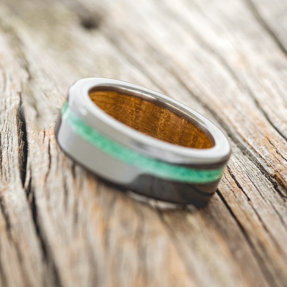"VERTIGO" - MALACHITE WEDDING RING FEATURING A WHISKEY BARREL LINED BLACK ZIRCONIUM BAND-4