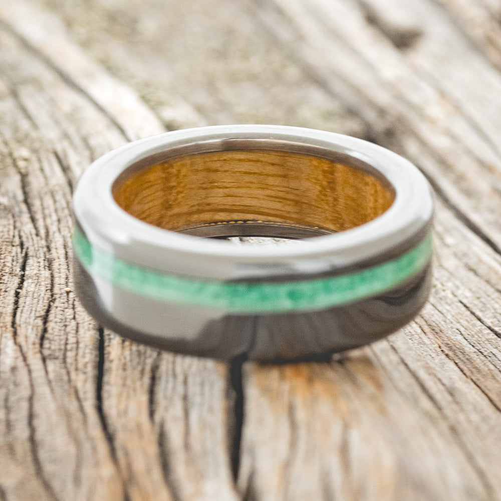 "VERTIGO" - MALACHITE WEDDING RING FEATURING A WHISKEY BARREL LINED BLACK ZIRCONIUM BAND-6