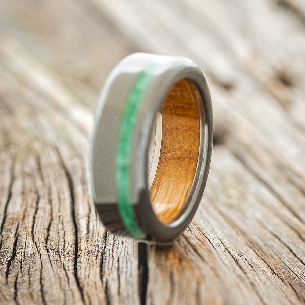 "VERTIGO" - MALACHITE WEDDING RING FEATURING A WHISKEY BARREL LINED BLACK ZIRCONIUM BAND-2