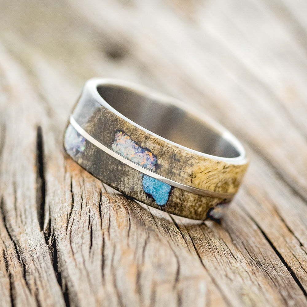 "GOLDEN" - BUCKEYE BURL WOOD, TURQUOISE & FIRE AND ICE OPAL WEDDING BAND-2