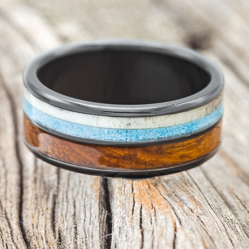"DYAD" - IRONWOOD, ANTLER & TURQUOISE WEDDING BAND - READY TO SHIP-9