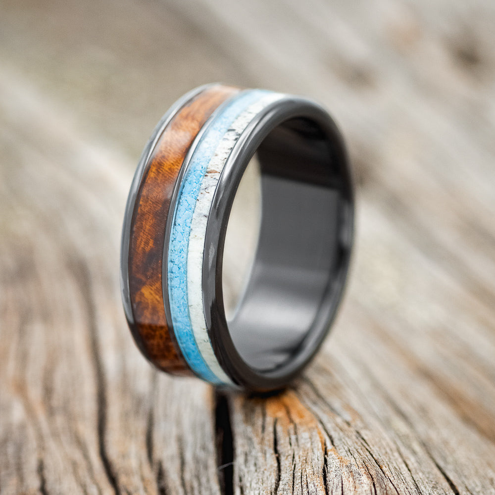 "DYAD" - IRONWOOD, ANTLER & TURQUOISE WEDDING BAND-7