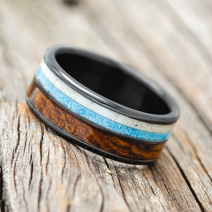 "DYAD" - IRONWOOD, ANTLER & TURQUOISE WEDDING BAND-8