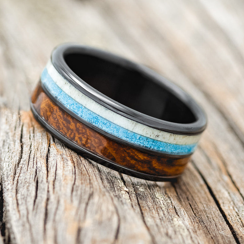 "DYAD" - IRONWOOD, ANTLER & TURQUOISE WEDDING BAND - READY TO SHIP-8