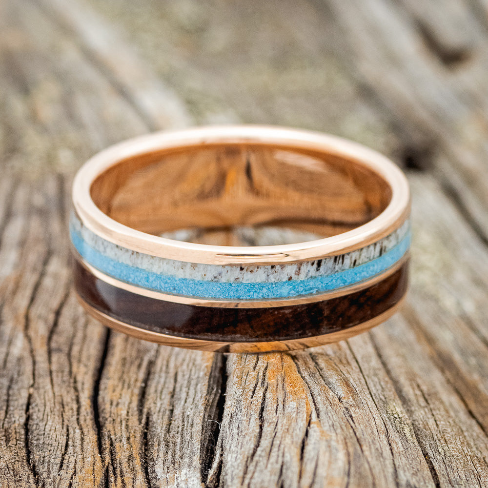 "DYAD" - IRONWOOD, ANTLER & TURQUOISE WEDDING BAND-17