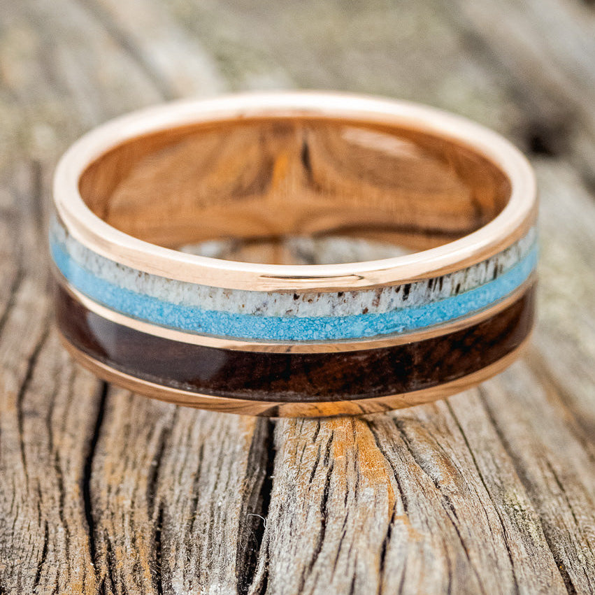 "DYAD" - IRONWOOD, ANTLER & TURQUOISE WEDDING BAND-17