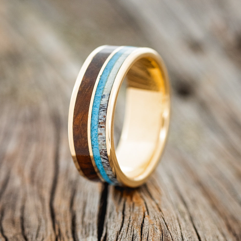 "DYAD" - IRONWOOD, ANTLER & TURQUOISE WEDDING BAND-12