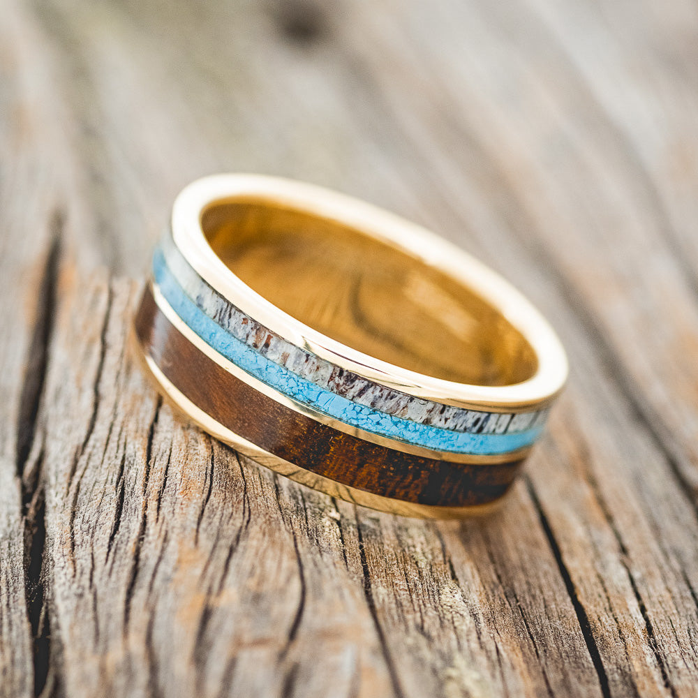 "DYAD" - IRONWOOD, ANTLER & TURQUOISE WEDDING BAND-13
