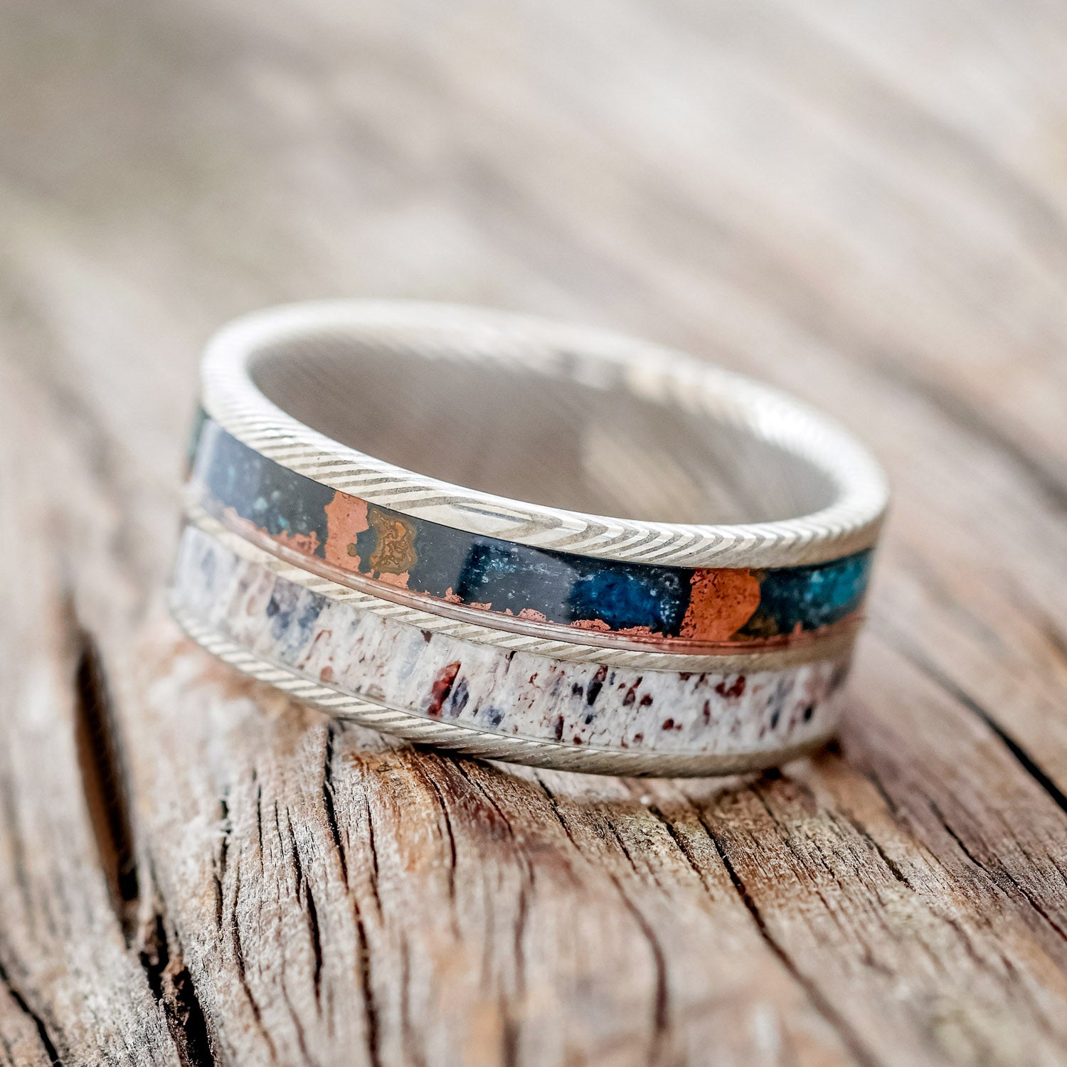 "DYAD" - PATINA COPPER & ANTLER WEDDING BAND-11