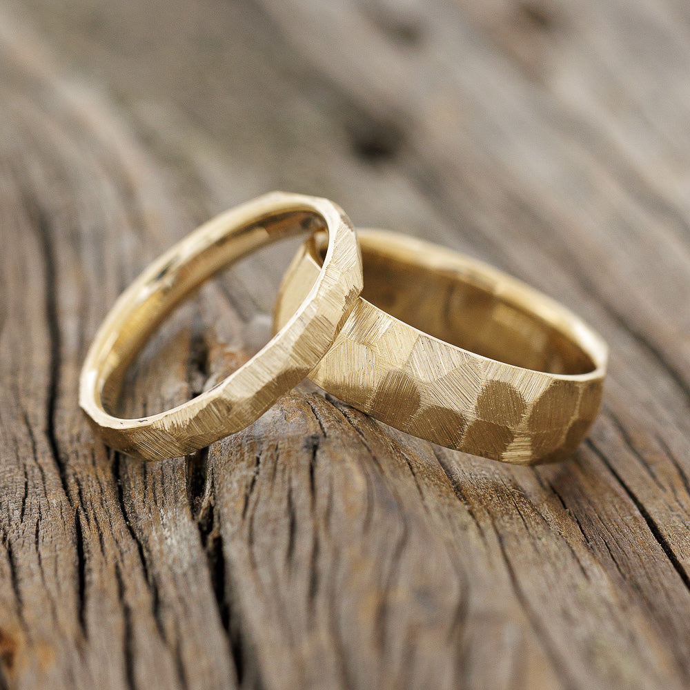 MATCHING SET OF FACETED WEDDING RINGS FEATURING TEXTURED 14K GOLD BANDS-8
