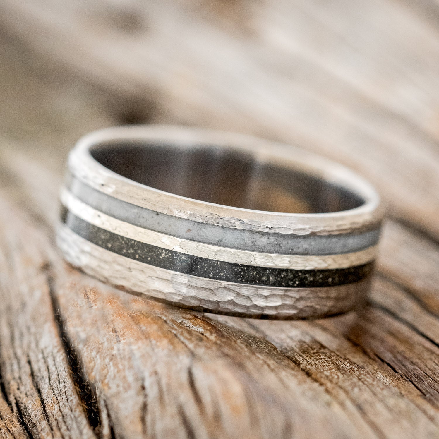 "COSMO" - PYRITE, ANTLER & HAMMERED SILVER INLAY WEDDING BAND WITH HAMMERED FINISH-2