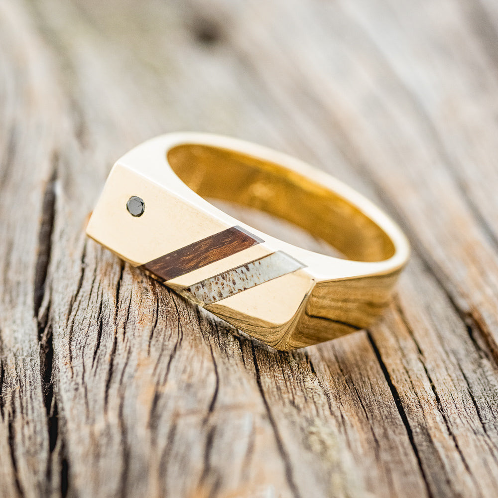 BLACK DIAMOND, IRONWOOD & ELK ANTLER 14K GOLD WEDDING RING-2