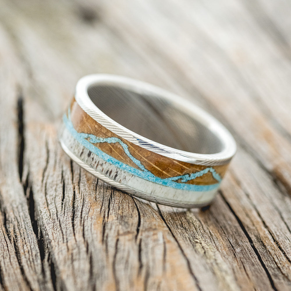 "THE EXPEDITION" - MOUNTAIN ENGRAVED WEDDING RING WITH WHISKEY BARREL OAK, TURQUOISE & ANTLER-5