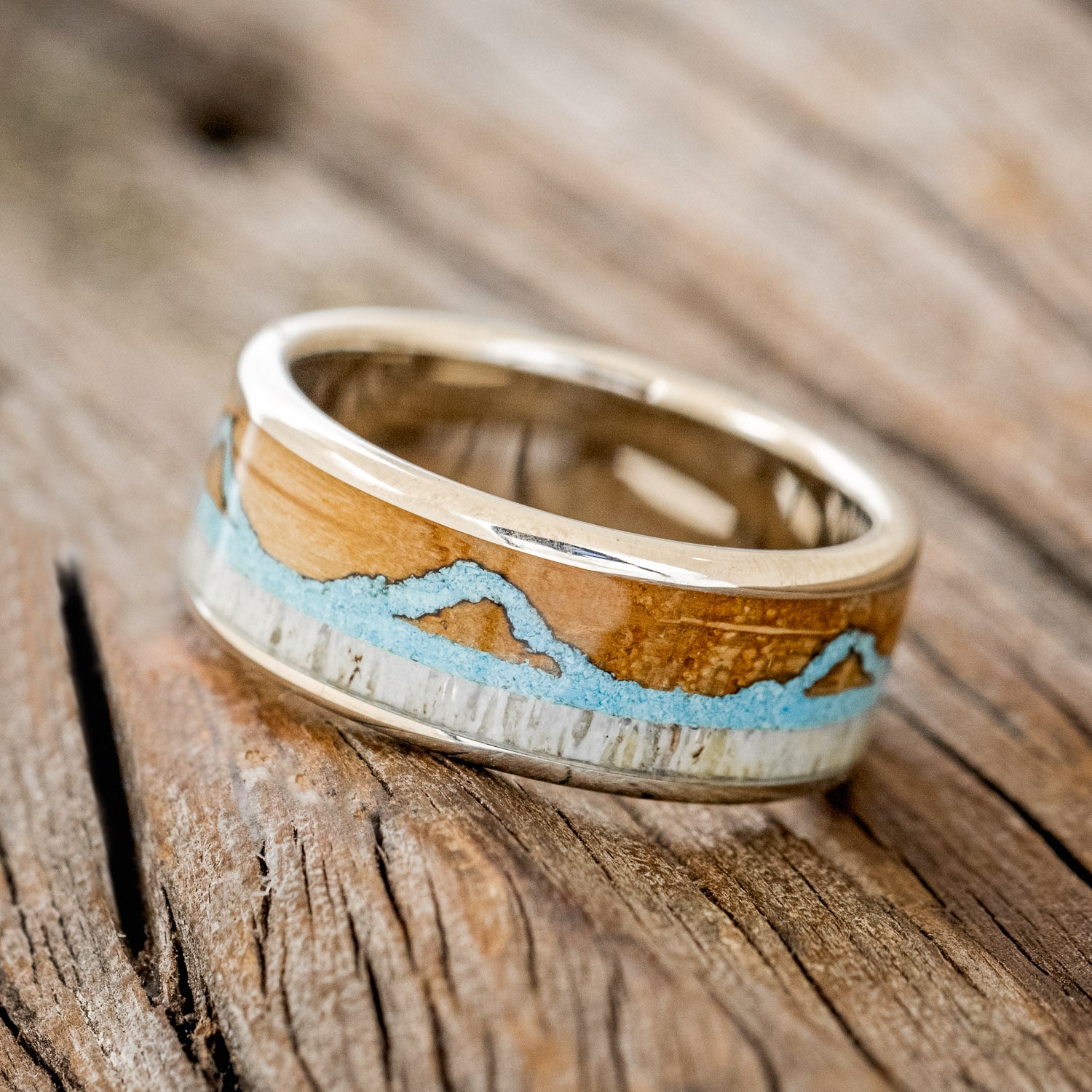 "THE EXPEDITION" - MOUNTAIN ENGRAVED WEDDING RING WITH WHISKEY BARREL OAK, TURQUOISE & ANTLER-11