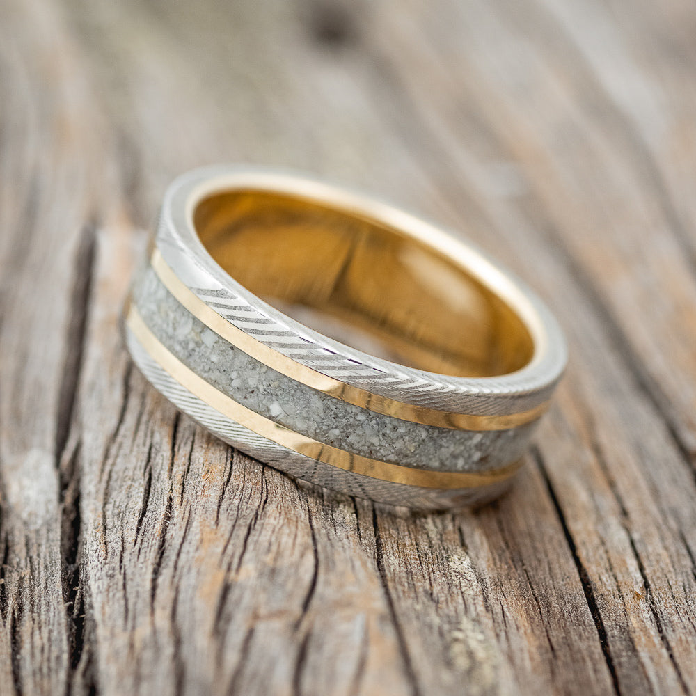 "KALDER" - ELK TOOTH IVORY & 14K GOLD INLAYS WEDDING RING FEATURING A 14K GOLD LINED DAMASCUS STEEL BAND-2