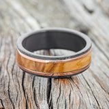 "HOLLIS" - OLIVE WOOD & 14K GOLD INLAYS WEDDING RING WITH A HAMMERED BLACK ZIRCONIUM BAND