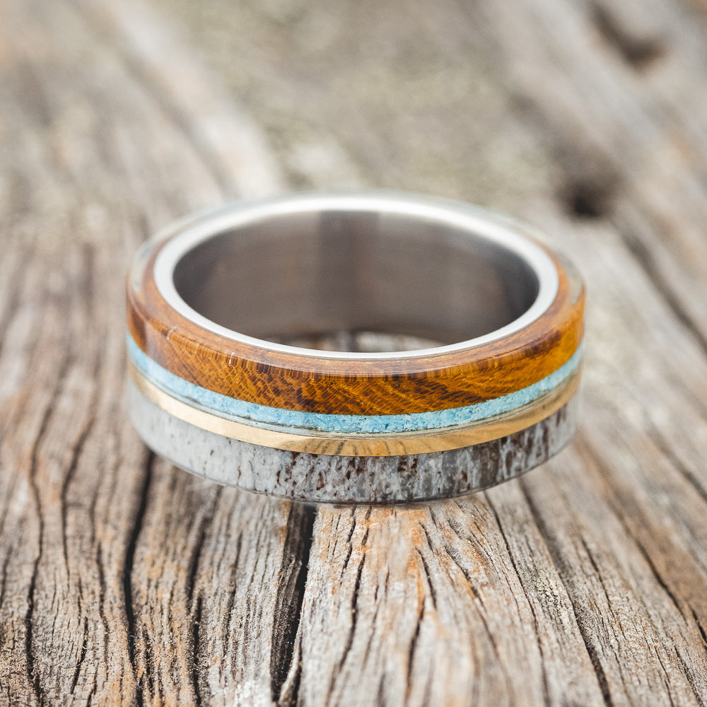 "ARGOS" - TURQUOISE, ANTLER, 14K GOLD INLAY & IRONWOOD WEDDING BAND-3
