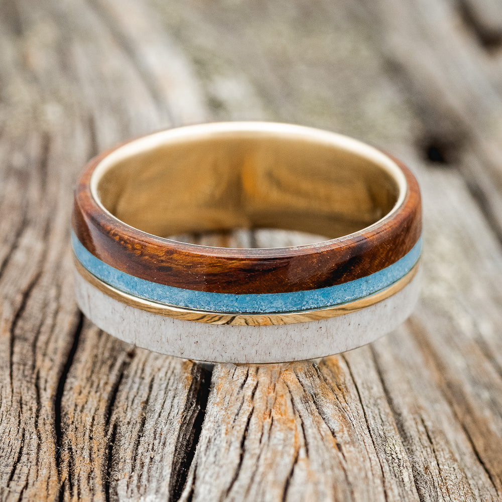 "ARGOS" - TURQUOISE, ANTLER, 14K GOLD INLAY & IRONWOOD WEDDING BAND-6
